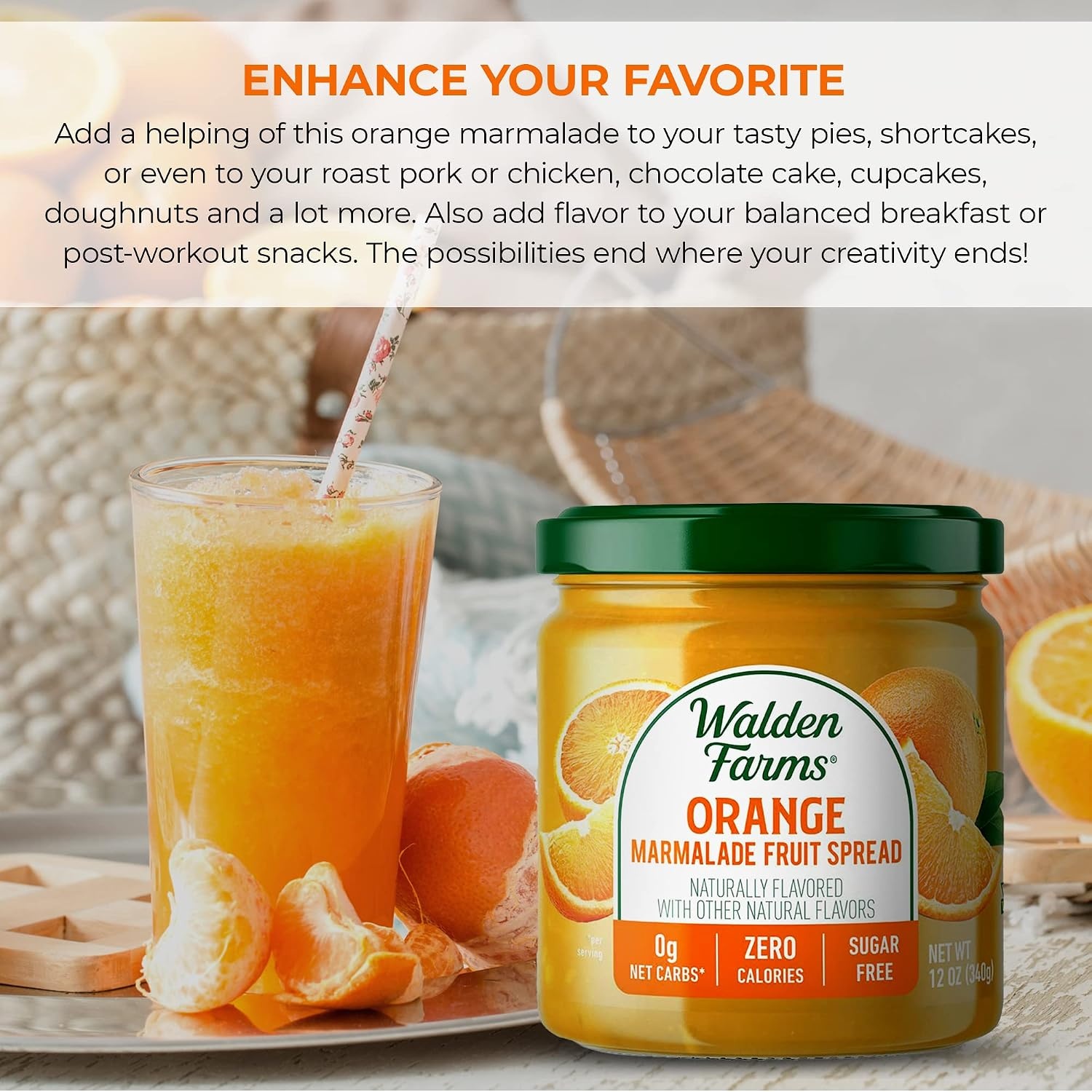 image:imageWalden Farms Chocolate Peanut Spread Zero Calorie Low Carb KetoFriendly Vegan SugarFree Chocolate Peanut Flavor 12 oz BottleOrange Marmalade Fruit