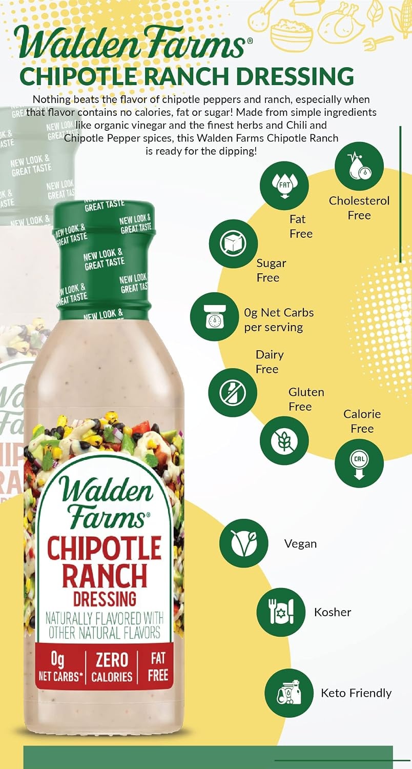 image:imageWalden Farms Ranch Dressing CalorieFree GlutenFree Low Carb KetoFriendly SugarFree DairyFree Creamy Ranch Flavor 1 Pack 12 oz BottleChipotle Ranch