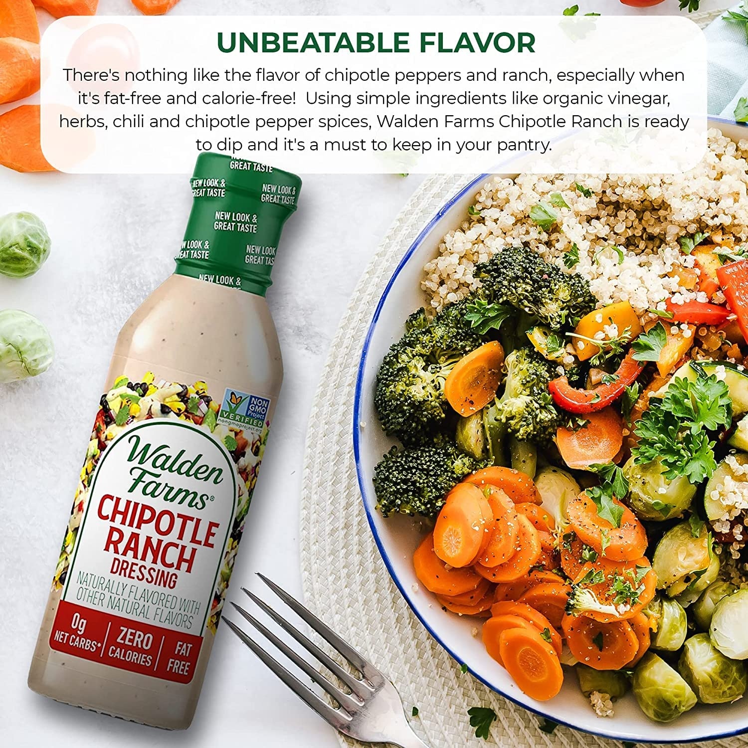 image:imageWalden Farms Ranch Dressing CalorieFree GlutenFree Low Carb KetoFriendly SugarFree DairyFree Creamy Ranch Flavor 1 Pack 12 oz BottleChipotle Ranch