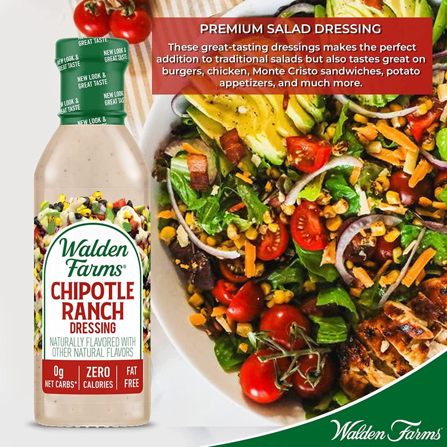 image:imageWalden Farms Ranch Dressing CalorieFree GlutenFree Low Carb KetoFriendly SugarFree DairyFree Creamy Ranch Flavor 1 Pack 12 oz BottleChipotle Ranch