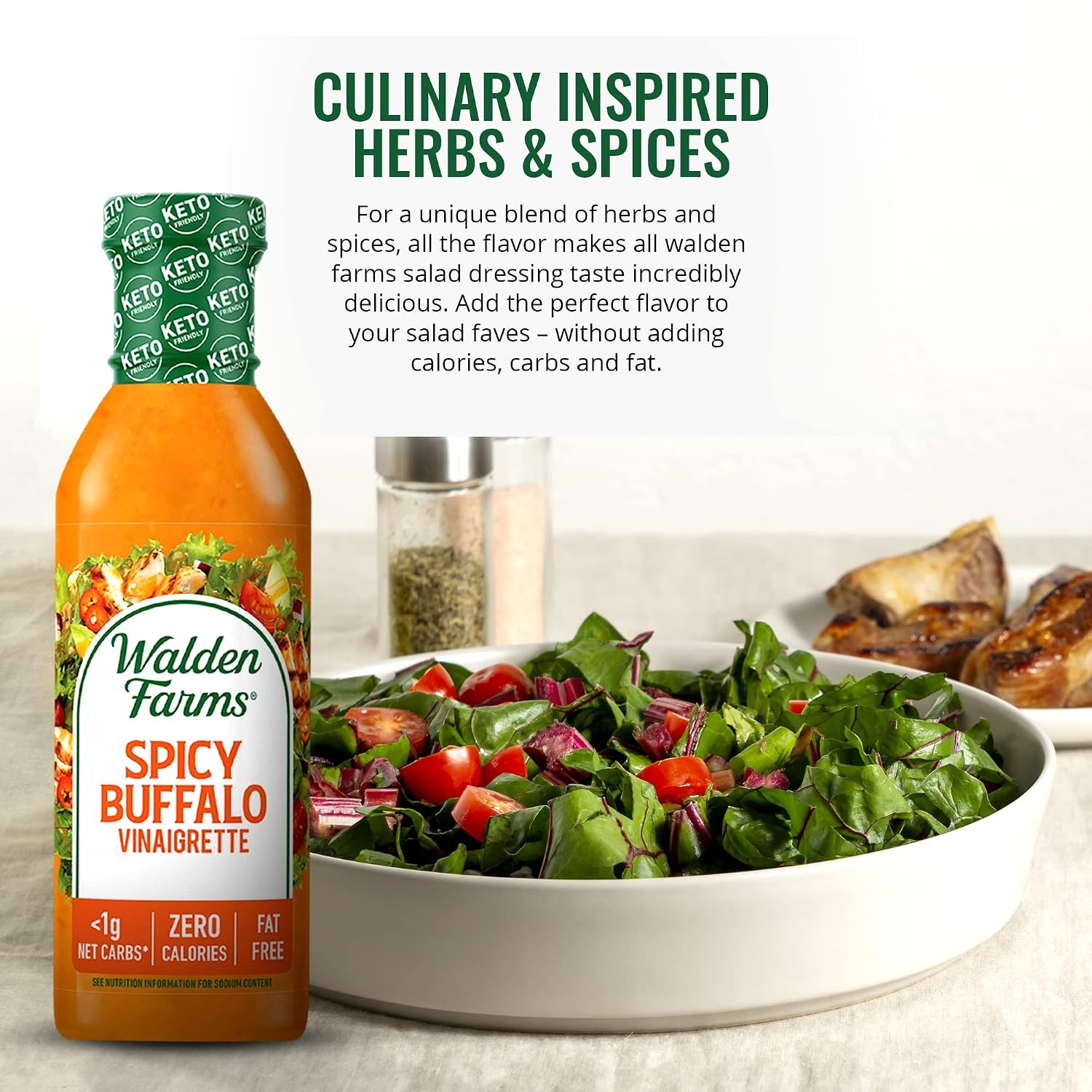 image:imageWalden Farms Ranch Dressing CalorieFree GlutenFree Low Carb KetoFriendly SugarFree DairyFree Creamy Ranch Flavor 1 Pack 12 oz BottleSpicy Buffalo Vinaigrette