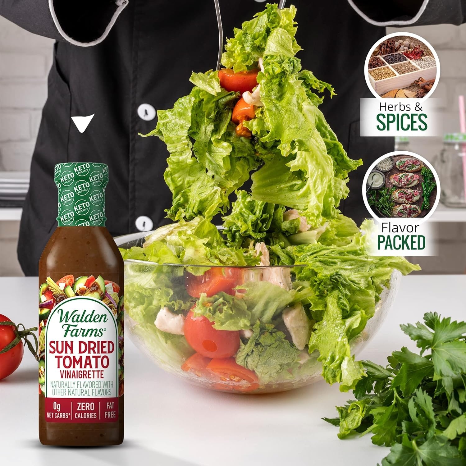 image:imageWalden Farms Ranch Dressing CalorieFree GlutenFree Low Carb KetoFriendly SugarFree DairyFree Creamy Ranch Flavor 1 Pack 12 oz BottleSun Dried Tomato Vinaigrette