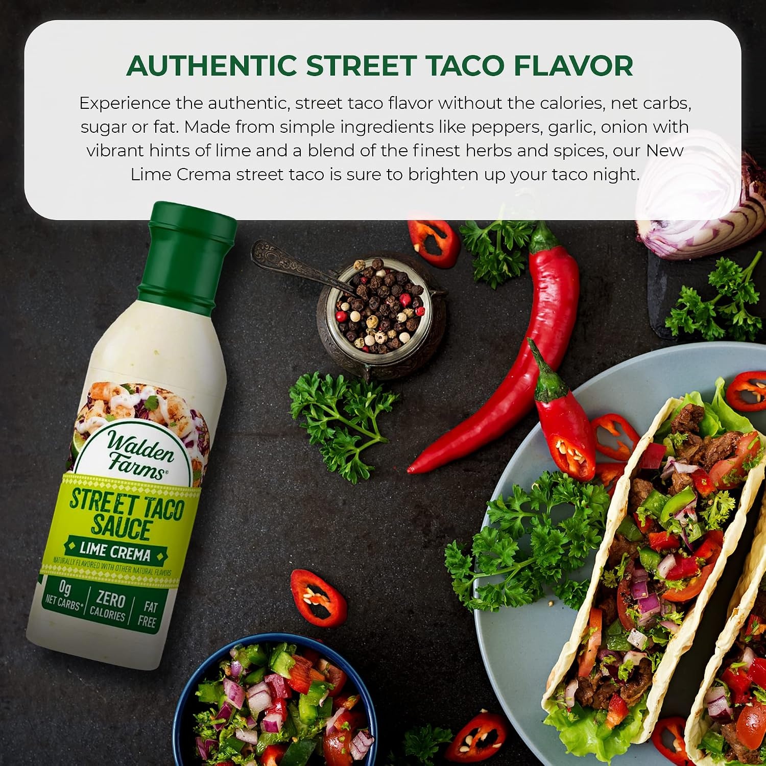 image:imageWalden Farms Street Taco Sauce Lime Crema CalorieFree GlutenFree Low Carb KetoFriendly SugarFree Tangy Lime Crema Flavor 12 oz BottleLime Crema