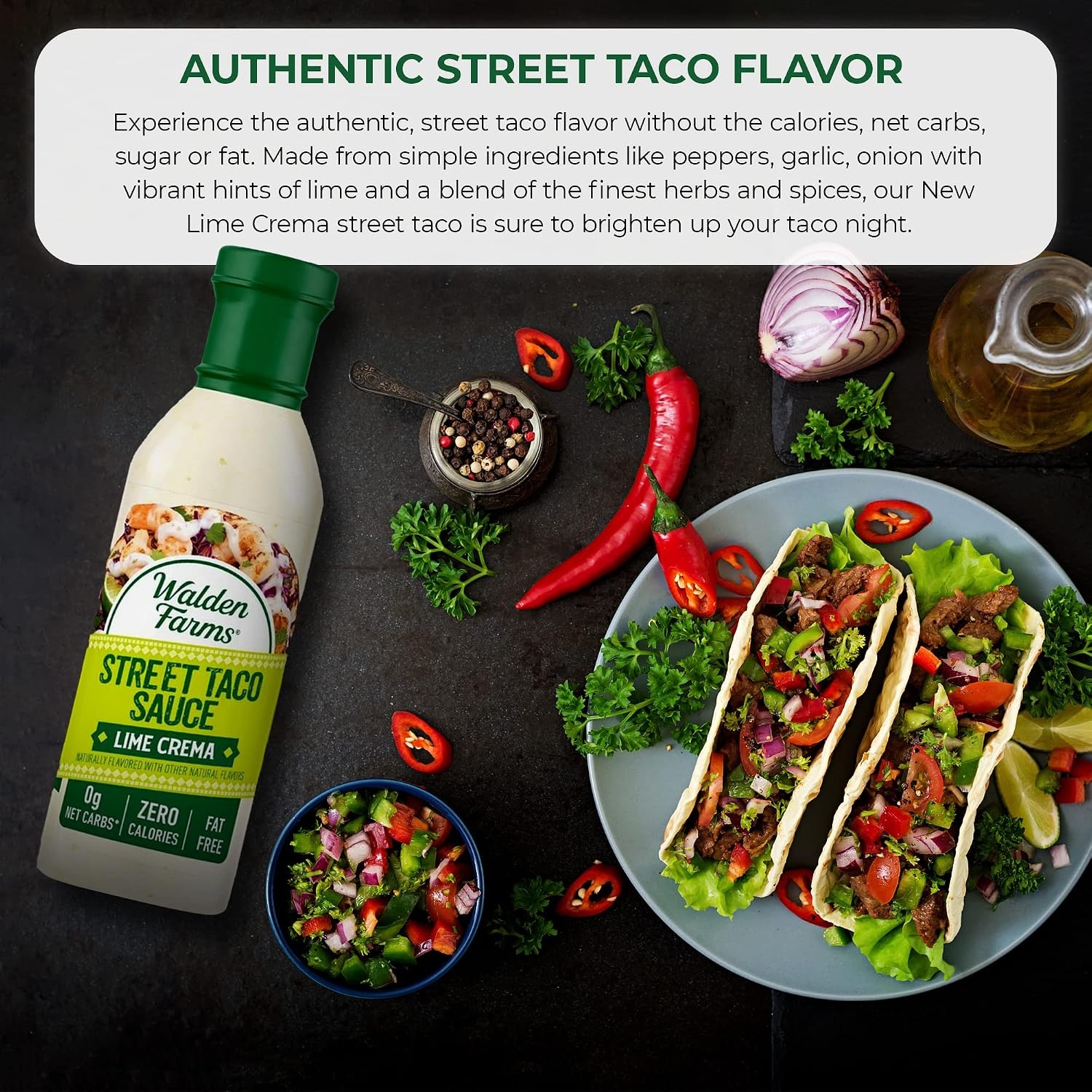 image:imageWalden Farms Street Taco Sauce Lime Crema CalorieFree GlutenFree Low Carb KetoFriendly SugarFree Tangy Lime Crema Flavor 12 oz BottleLime Crema
