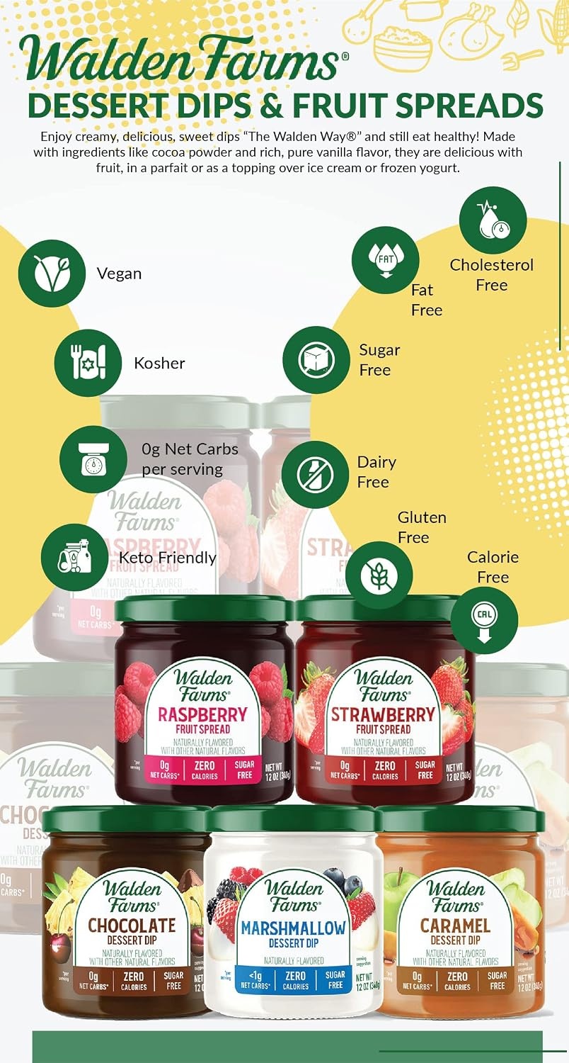 image:imageWalden Farms Variety Pack Fruit and Dipping Spread 12 oz 5 Pack Marshmallow Chocolate Caramel Dip Strawberry and Raspberry Spread Perfect for Dessert Topping Spread Filling and More
