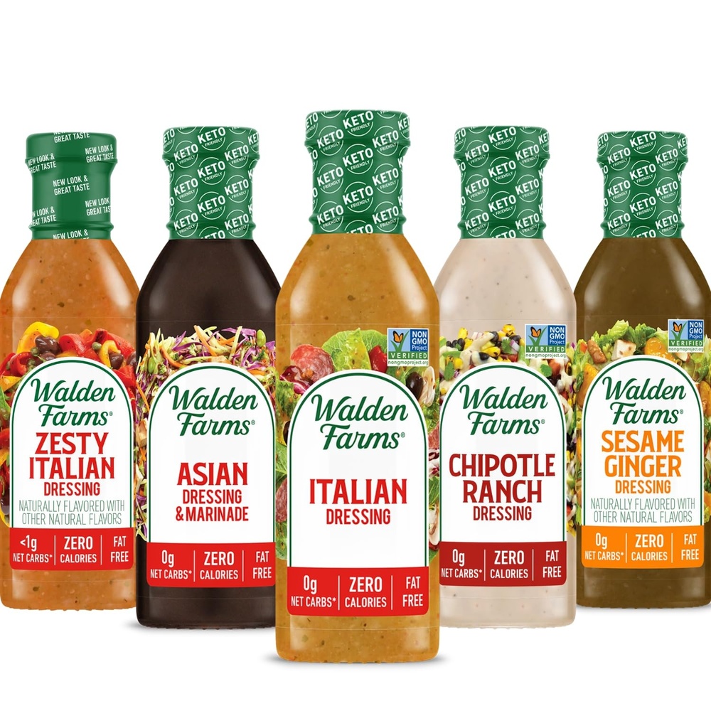 image:imageWalden Farms Variety Pack Dressings 12 oz Bottle Fresh and Delicious Salad Topping Sugar Free 0g Net Carbs Condiment Zesty Italian Italian Dressing Asian Chipotle Ranch and Sesame Ginger